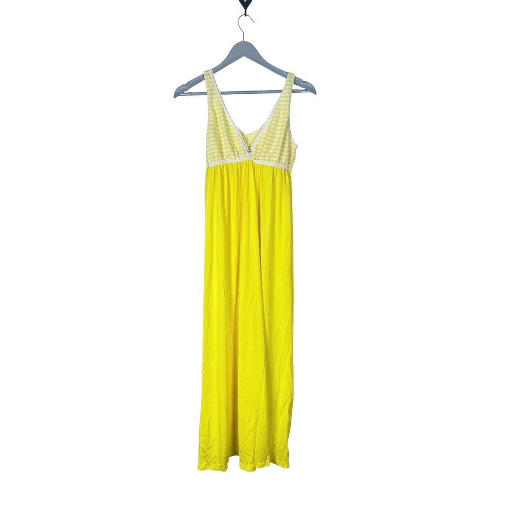 Vintage yellow nightgown Maxi length gingham bodice size L Sunny Mod 70s